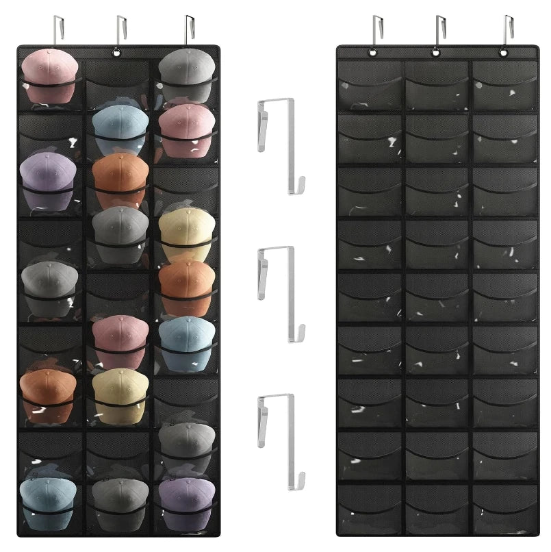 27-Pocket Over the Door Baseball Hat Organizer Wall Mount Storage Bag Large Hooks Hat Rack Holder for Closet Wardrobe Bathroom MegaBDM
