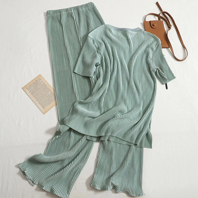2024 Summer New Round Neck T Shirt High Waist Wide Leg Pants Women Casual Clothes Two Piece Set