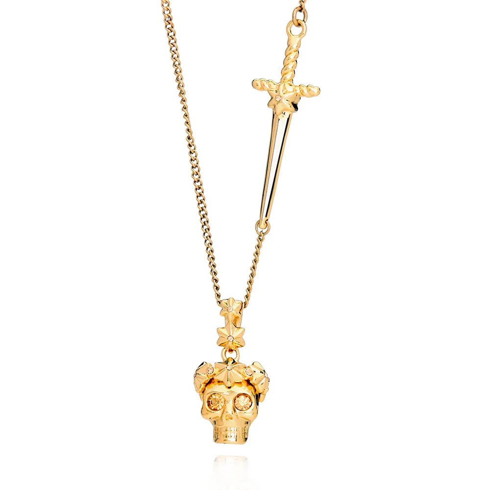 Trendy Vintage Gold-Plated Crystal Skull Link Chain Necklace Classic Religious Made Brass Party Wedding Featuring Diamond Shell