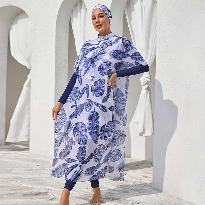 Full Cover Modest Printed Women Muslim Swimwear Female Islamic Size M-4XL Beachwear 4pcs with Hijab Top Pant Cover