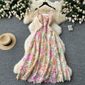 LE2400 Bucolic Floral Hollow Hook Flower Halter Dress Women Mesh Embroidered Evening Gown Shell Hem Holiday Party Midi Dresses
