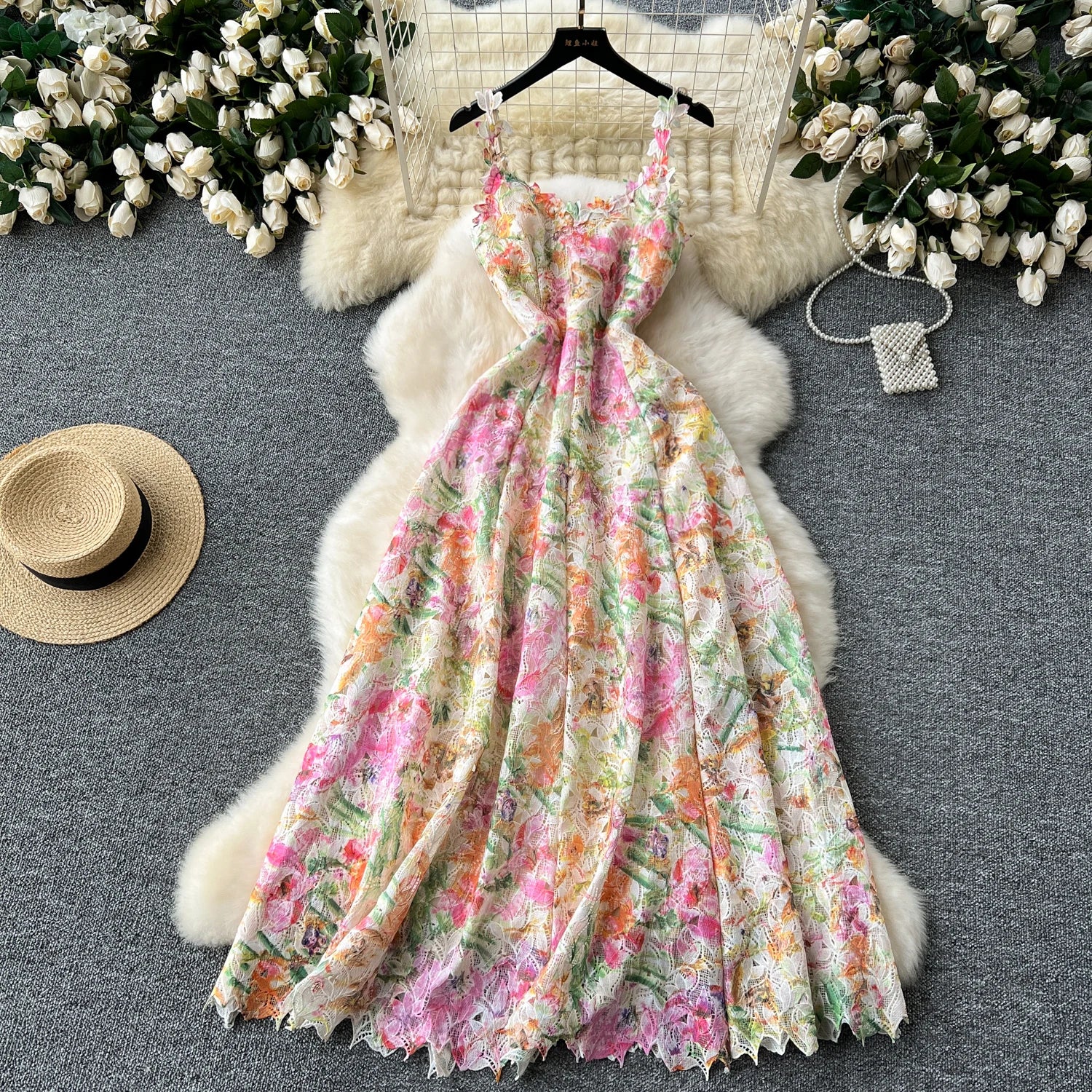 LE2400 Bucolic Floral Hollow Hook Flower Halter Dress Women Mesh Embroidered Evening Gown Shell Hem Holiday Party Midi Dresses