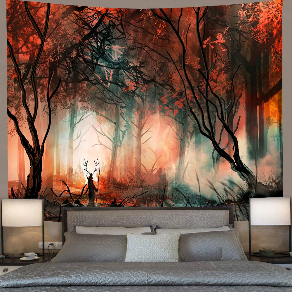 Magical Forest Tapestry Psychedelic Tree Plants Art Wall Hanging for Living Room Bedroom Tapestries