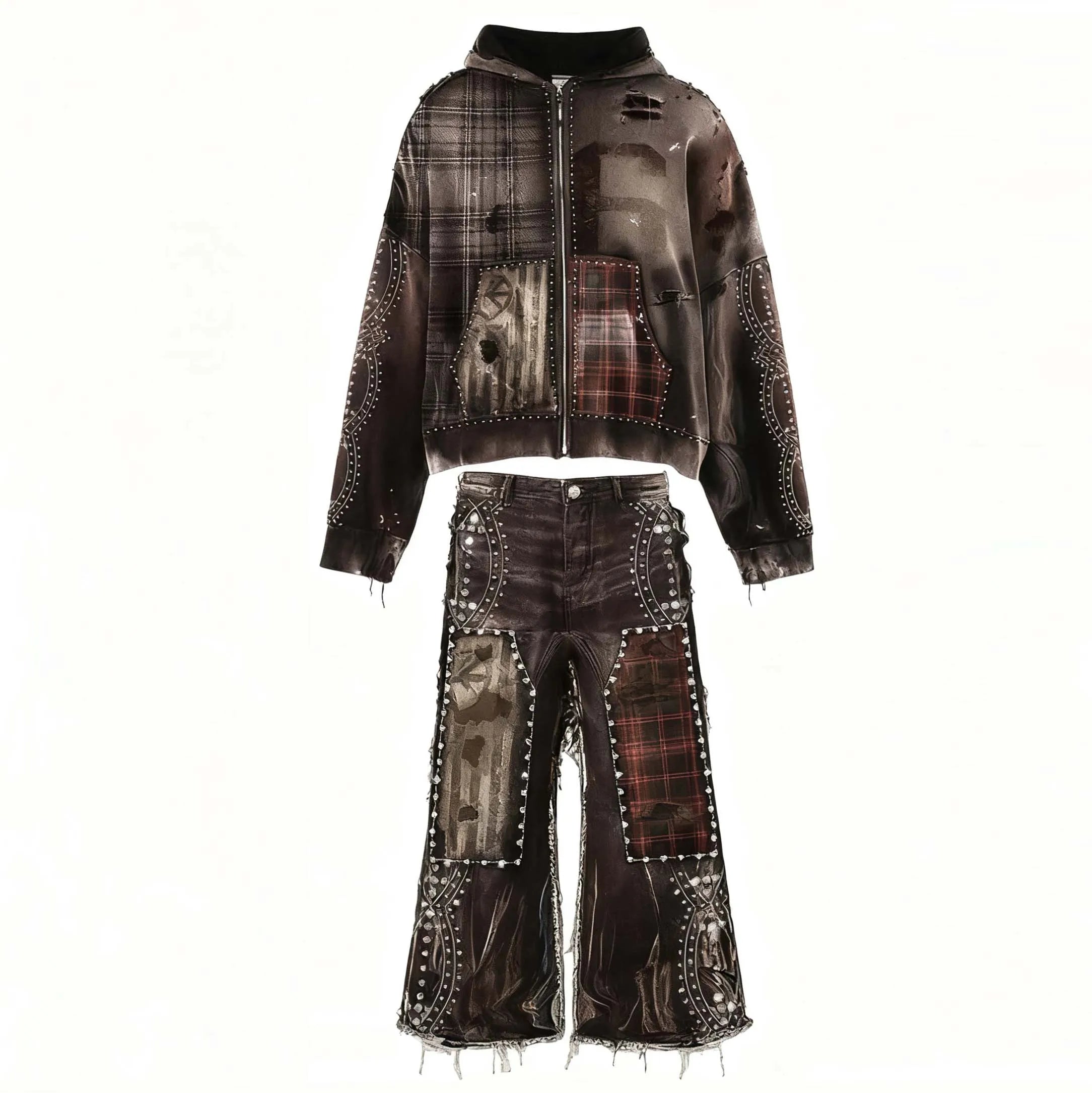 Wholesale Custom Men's Sportswear Flared Sweatpants and Hoodie Set Rhinestones Sweatsuit Plaid Cropped Streetwear Tracksuit