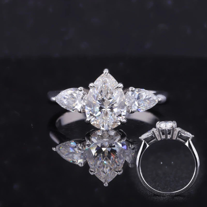 Starsgem Three Stone Fine Jewelry Solid Gold Promise Wedding Engagement Ring 18K AU750 White Gold Pear 6*8 Moissanite Gold Ring