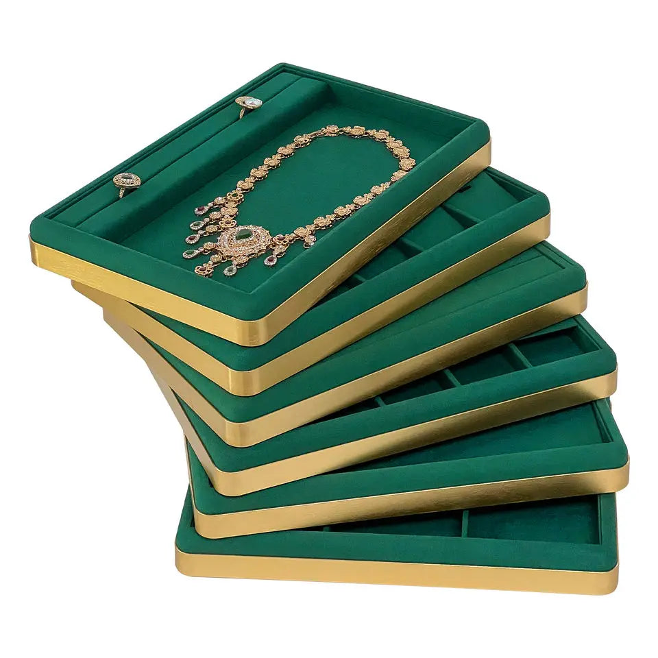 Green Custom LOGO Store Ring Bracelet Chain Display Suede Stackable Metal Jewelry Tray in Stocke