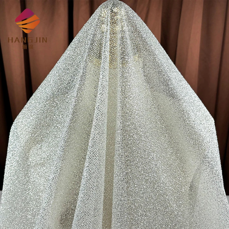 Unique Silver Glitter Fabric Sparkle Tulle Sequins White Shimmer Lace Fabric for Sewing Evening Gowns Wedding Prom Dresses
