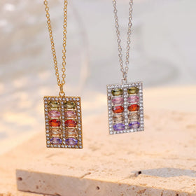 Luxury Simple 18K Gold Plated Stainless Steel Clavicle Necklace Ladies Occidental Style Abacus Zircon Pendant Necklace for Women