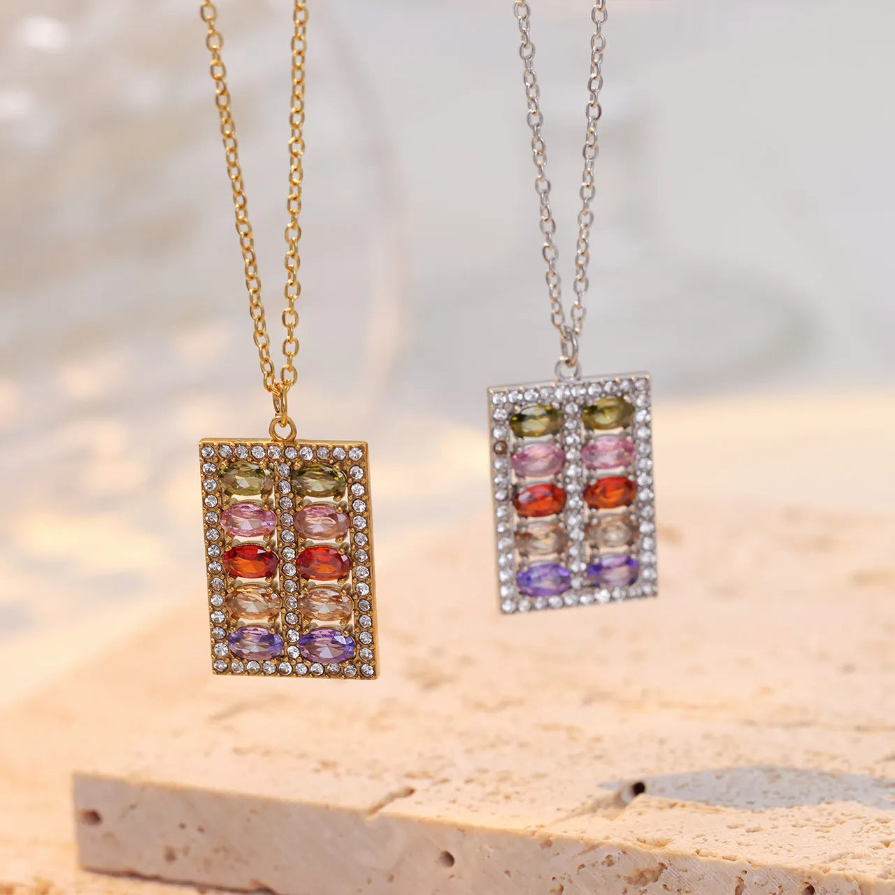 Luxury Simple 18K Gold Plated Stainless Steel Clavicle Necklace Ladies Occidental Style Abacus Zircon Pendant Necklace for Women
