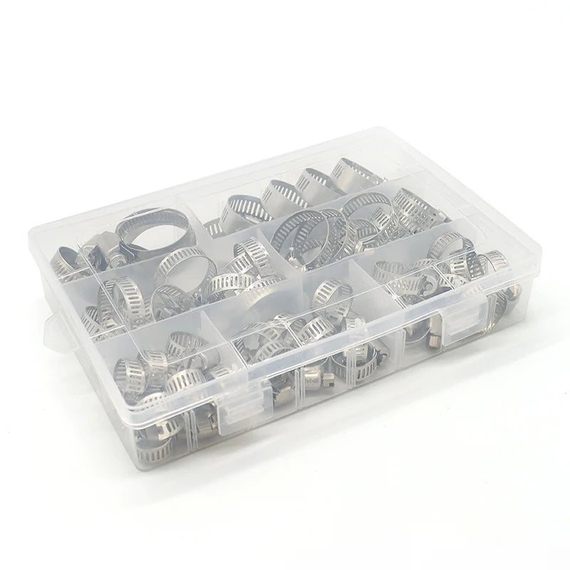Worm Gear Clamps 60pcs/Box Clamps Kit 304 Steel Pipe Fixing Clip With 7 Different Sizes Adjustable 8-38mm Hose Clamp