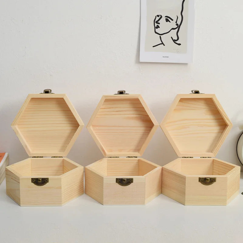 Small Personalized Polished Pine Wedding Gifts Favors Mystery Storage Organizer Hexagon Wooden Box Hinged Lid Handcrafted