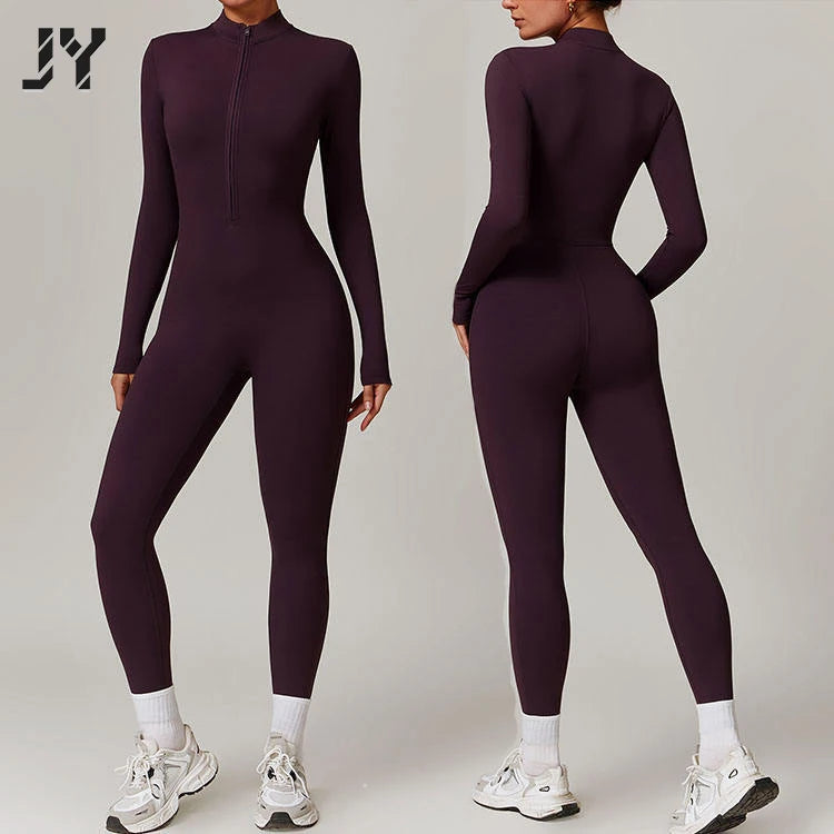 Joyyoung New Women's Long Sleeve Stand Collar Half Zip Jumpsuit Slim Fleeced High-stretch Gym Bodysuit Warm Outfit Sportswear