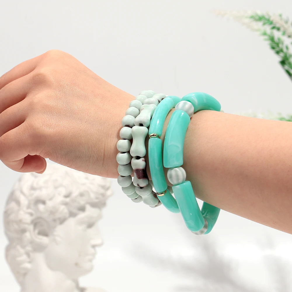 Ethnic Style Creative Designer Jewelry Bracelet Acrylic Bent Tube Beads Pumpkin Beads Bone-shaped Ceramic Bracelet Set 4pcs/set
