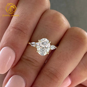 3CT 8x10 Oval Shape Ring with Pear Shape Moissanite Three Stone 18K Au750 Gold Trilogy Moissanite Engagement Ring