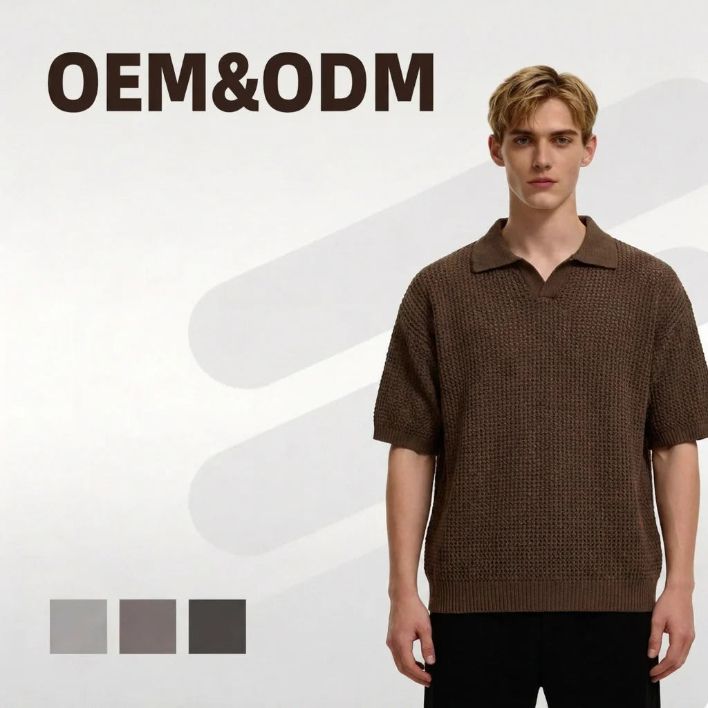 Men's Summer Korean Fashionable for Polo Shirt 100% Breathable Cotton Loose Lace Short Sleeve with Hollow Half Sleeve Knitted Fa