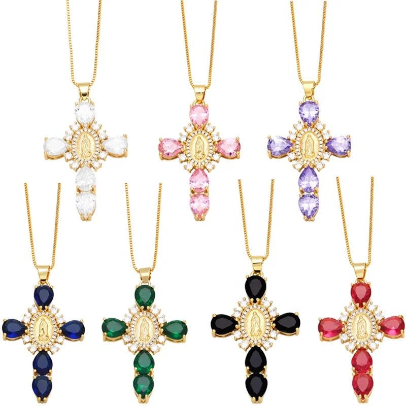 Fashion Gold Plated Brass Christian Virgin Mary Cross Pendant Necklace with Link Chain for Women Party Jewelry