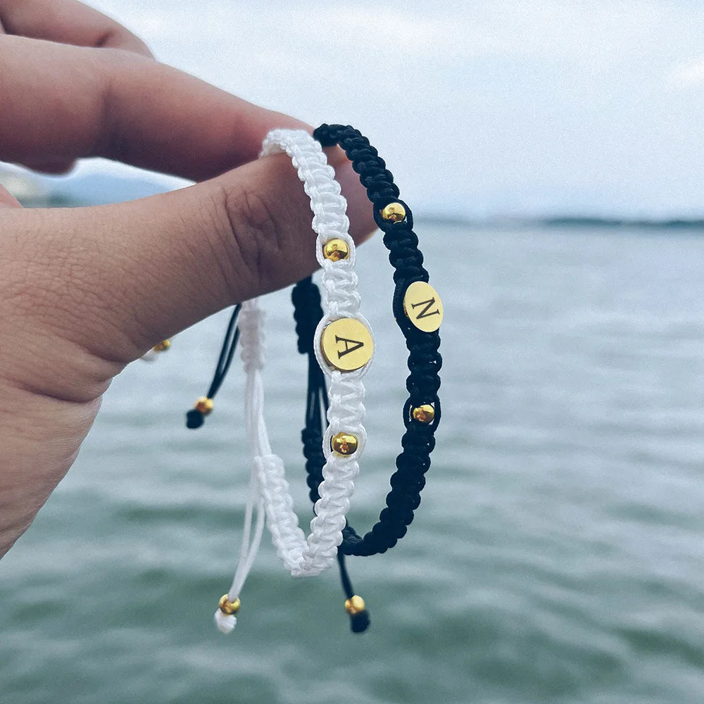 Personalized Matching Touch Bracelets for Couples Engraving Name Braided Rope Wrist Bangle Couples Bracelets for Him Her