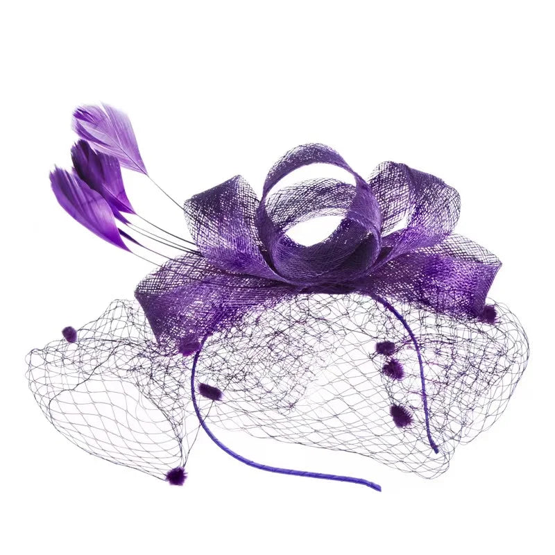 Vintage Feather Headband Wedding Party Church Bridal Hat Flower Headdress Large Mesh Elegant Feather Hair Accessories for Women