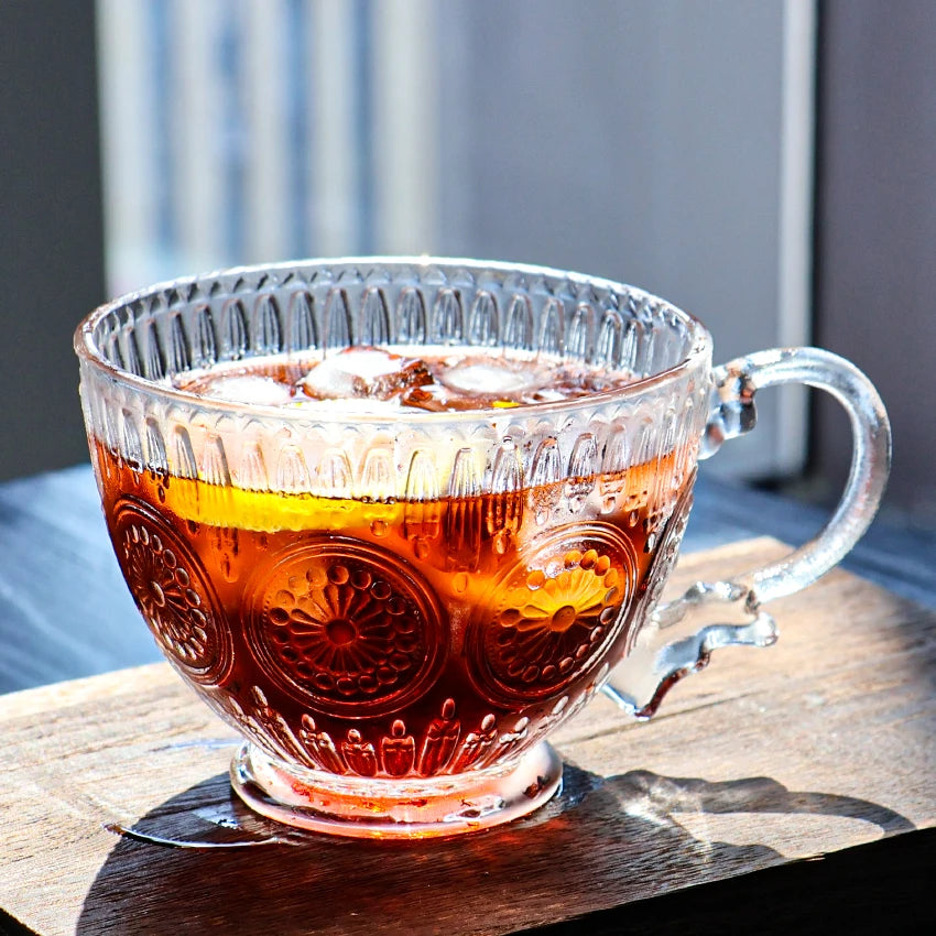 Coffee Cup With Handle Relief Flower Style Houseuse Vintage Clear Large Drink Glass Water Tea Cup