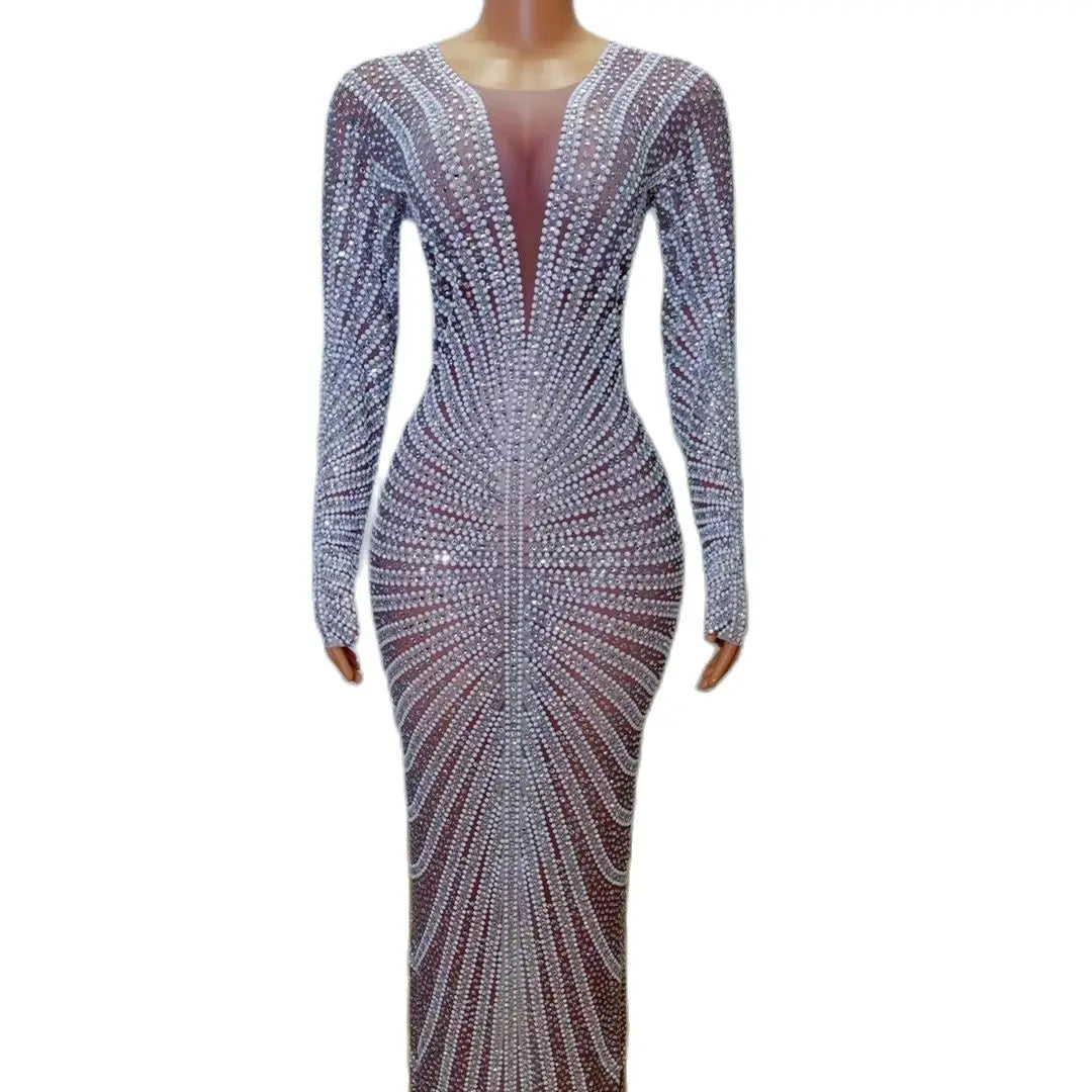 Luxury See Through Long Sleeves Rhinestone Crystal Wedding Dinner Ball Gown Sexy Bodycon Maxi Prom Dress Women Evening Dress