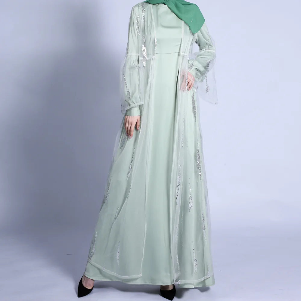 2024 New Ramada EID Islamic Clothing Muslim Women 2 Piece Satin Abaya Set Soft  Modest Abaya With Glitter Cover Satin Abaya Set