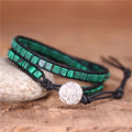 Boho Green Malachite Square Beads 2 Rows Leather Wrap Bracelets Vintage Weaving Yoga Statement Bracelet Dropshipping Wholesale