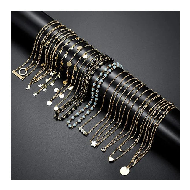 New Adjustable Gold Tone Multilayer Pendant Choker Necklace Gold Bead Coin Moon Star Pearl Shaped Necklaces Chain for Women