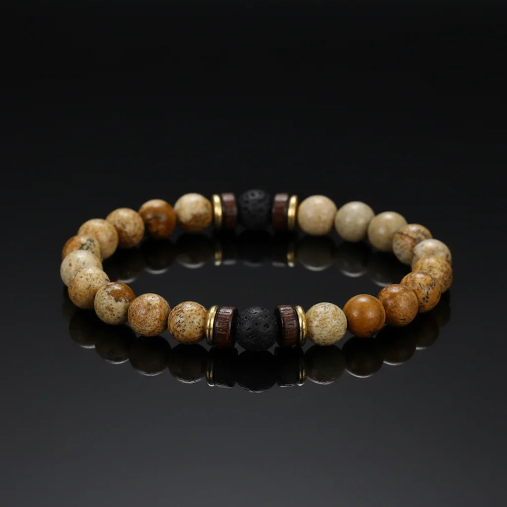 8mm Picture jasper Natural Gemstone Bead Wooden Gold Copper Alloy Spacer Sleeplessness Sleep Aid  Loose Beads Bracelets for Men