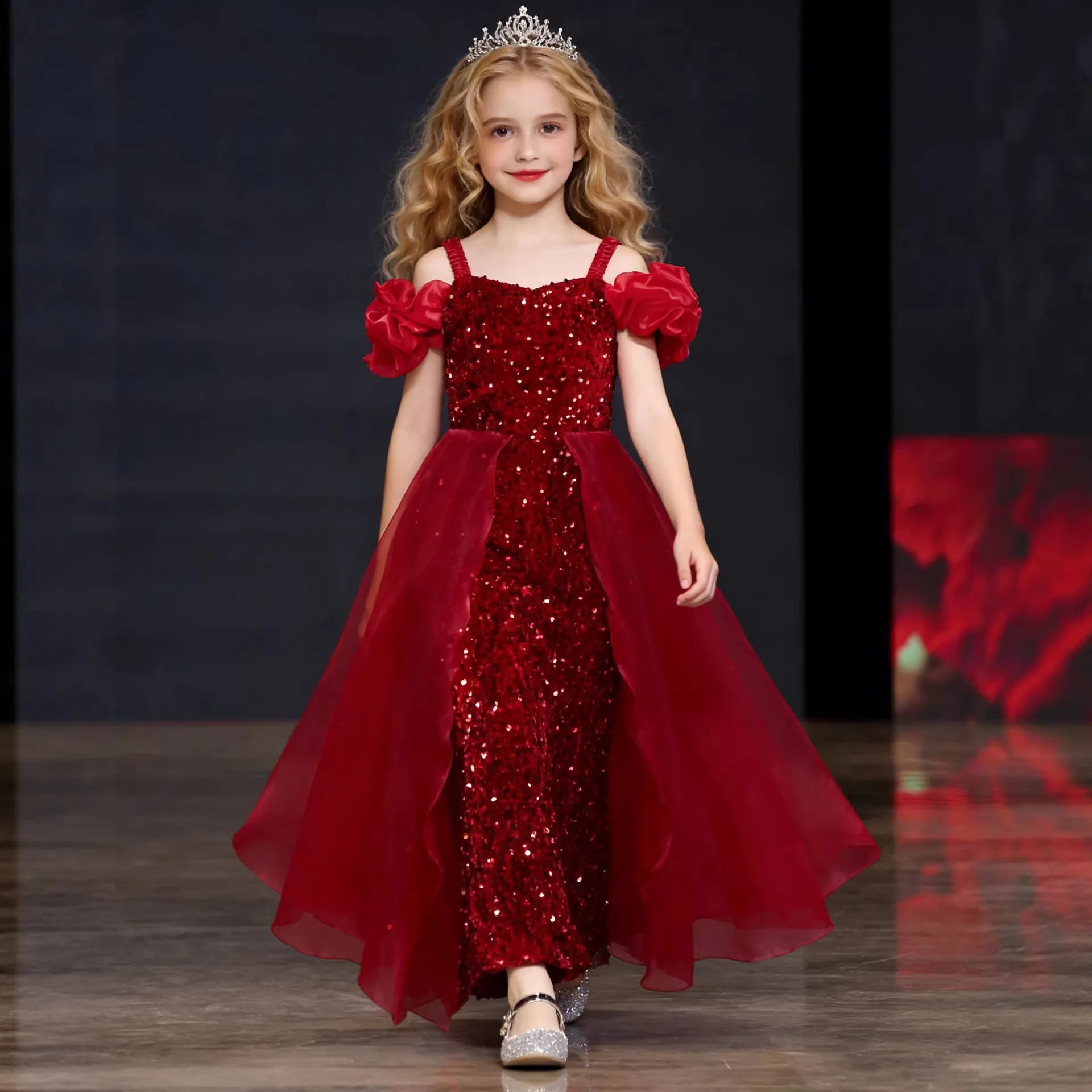 Western Style Shining Sequined Children's Girl Wedding Gown Elegant Ball Child Evening Dress Strap Princess Dress Girl Party