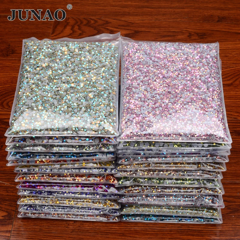 JUNAO Factory Price 14400pcs Bulk Packing Crystal Strass Flatback Glass Hotfix Rhinestone for Garment Clothing