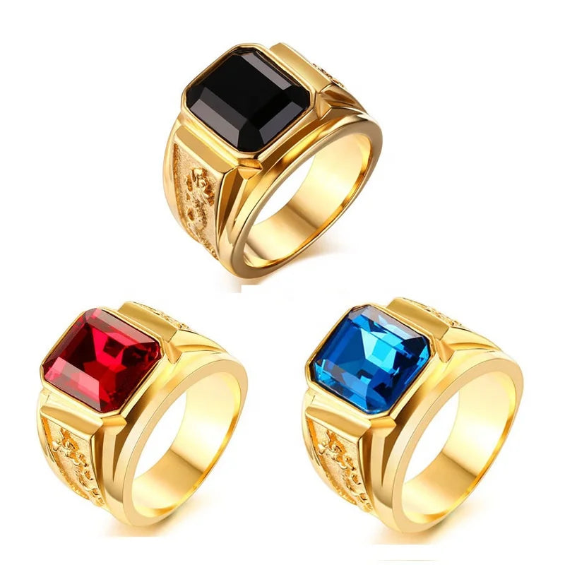 Mens High Polished Pvd Gold Plated Shiny Black Red Blue Crystal Rhinestone Ring
