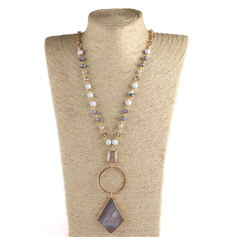 Fashion Bohemian Jewelry for Women Festival Gift 6mm Beads Rosary Chain Natural Stone & Crystal Rhombus Agt Pendant Necklaces