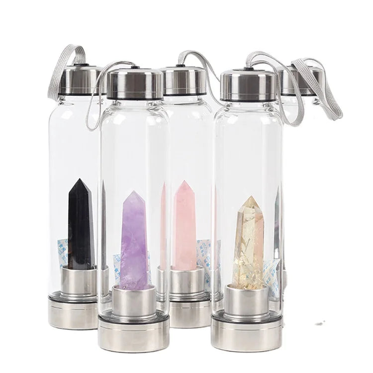 Hot Sale Natural Quartz Crystal Infused Glass Water Bottle Crystal Bottle Gem Water Bottle