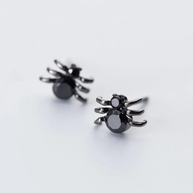 Cute Small Spider with Black Zircon Stone Statement Ear Studs CZ 925 Sterling Silver Earrings Fine Jewelry for Women Men