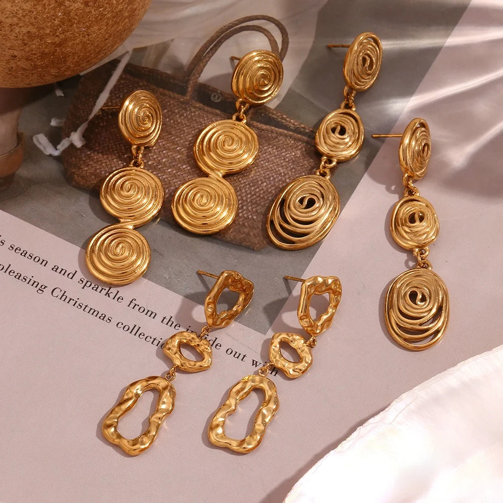 Dreamshow Minimalist Earrings Set Gold Plated Tassel Earrings Hammered Winding Stud Earrings Stainless Steel Jewelry
