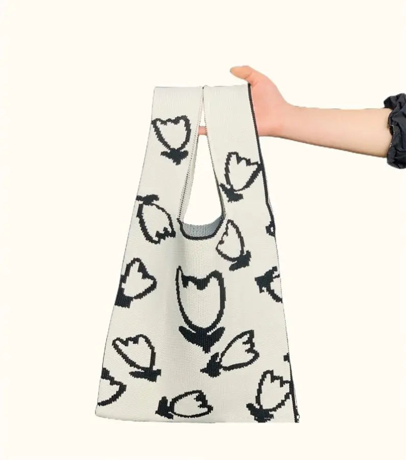 Women's Fashion Autumn Winter Black and White Grid Bags Small Knitted Tote Handbags Bag