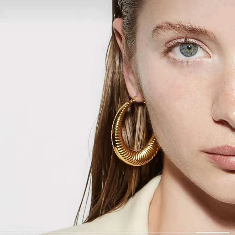 Light Weight Croissant Dome Earrings 18K Gold Plated Stainless Steel Hollow Oversized Big Large Chunky Thick Gold Hoop Earrings