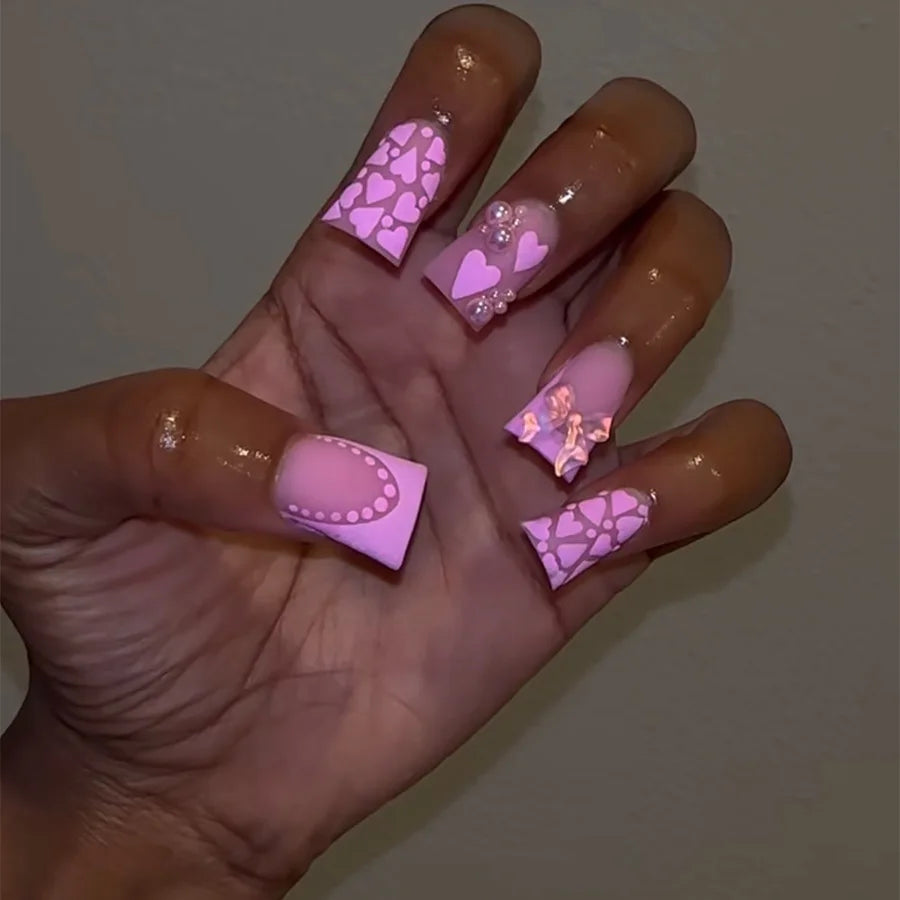 Foreign Popular Duckbill Style Wearing armor French pink butterfly Rhinestone European and American Press on Nail