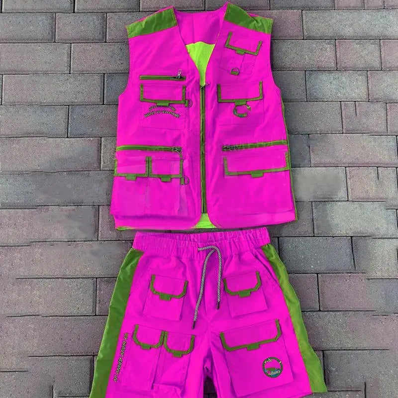 Custom Streetwear Mens Cargo Vest and Cargo Shorts Two Piece Joggers Shorts Sleeveless Shirts Unisex Tracksuit Short Set
