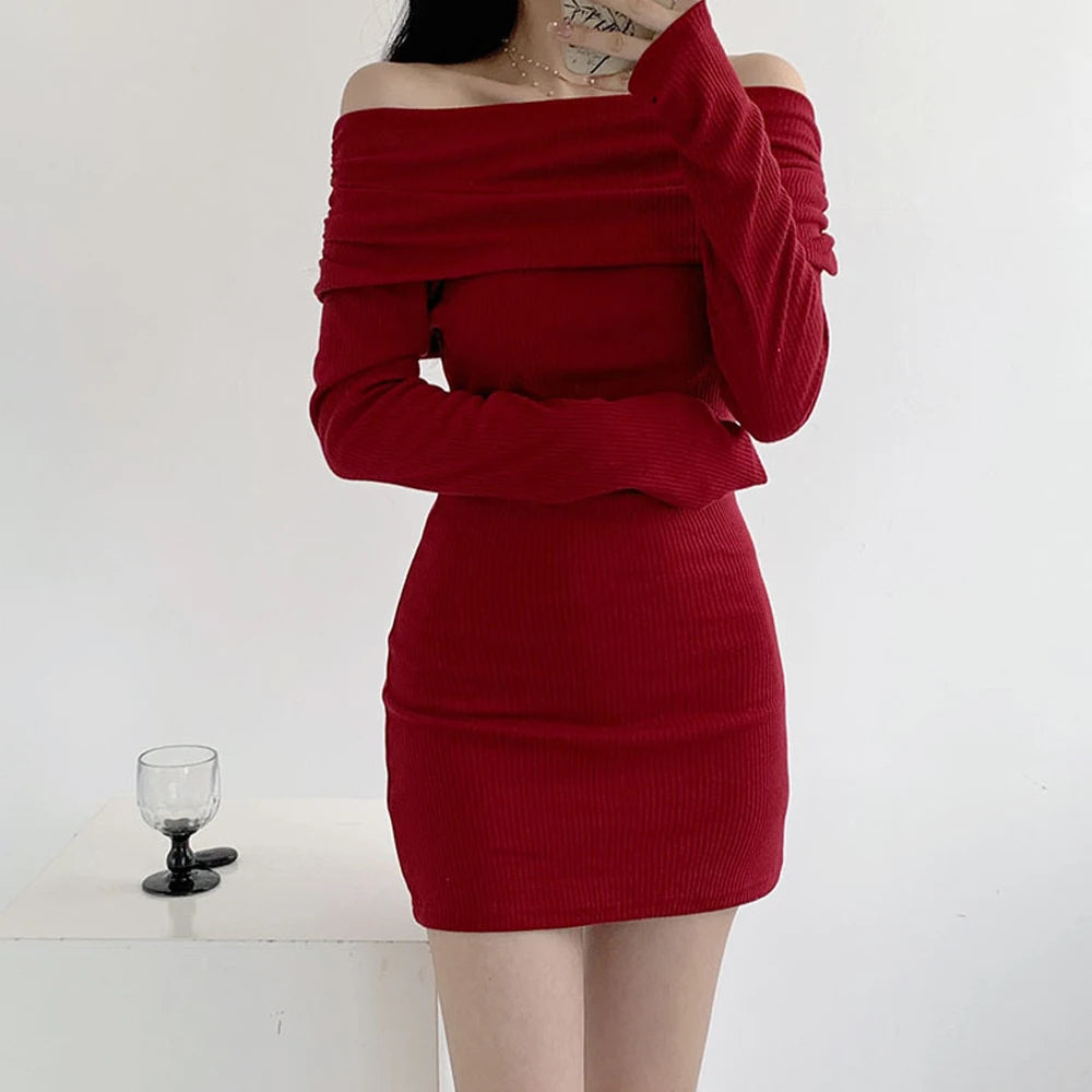 Women's Clothing Winter Streetwear off Shoulder Burgundy Vintage Bodycon Casual Party Dress