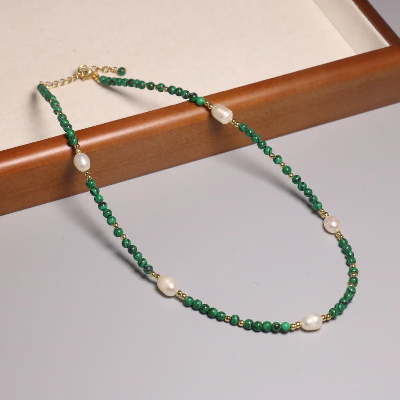 Natural Malachite Freshwater Pearl Beaded Necklace for Women Men Natural Malachite Stone Choker Healing Stone Energy Jewelry