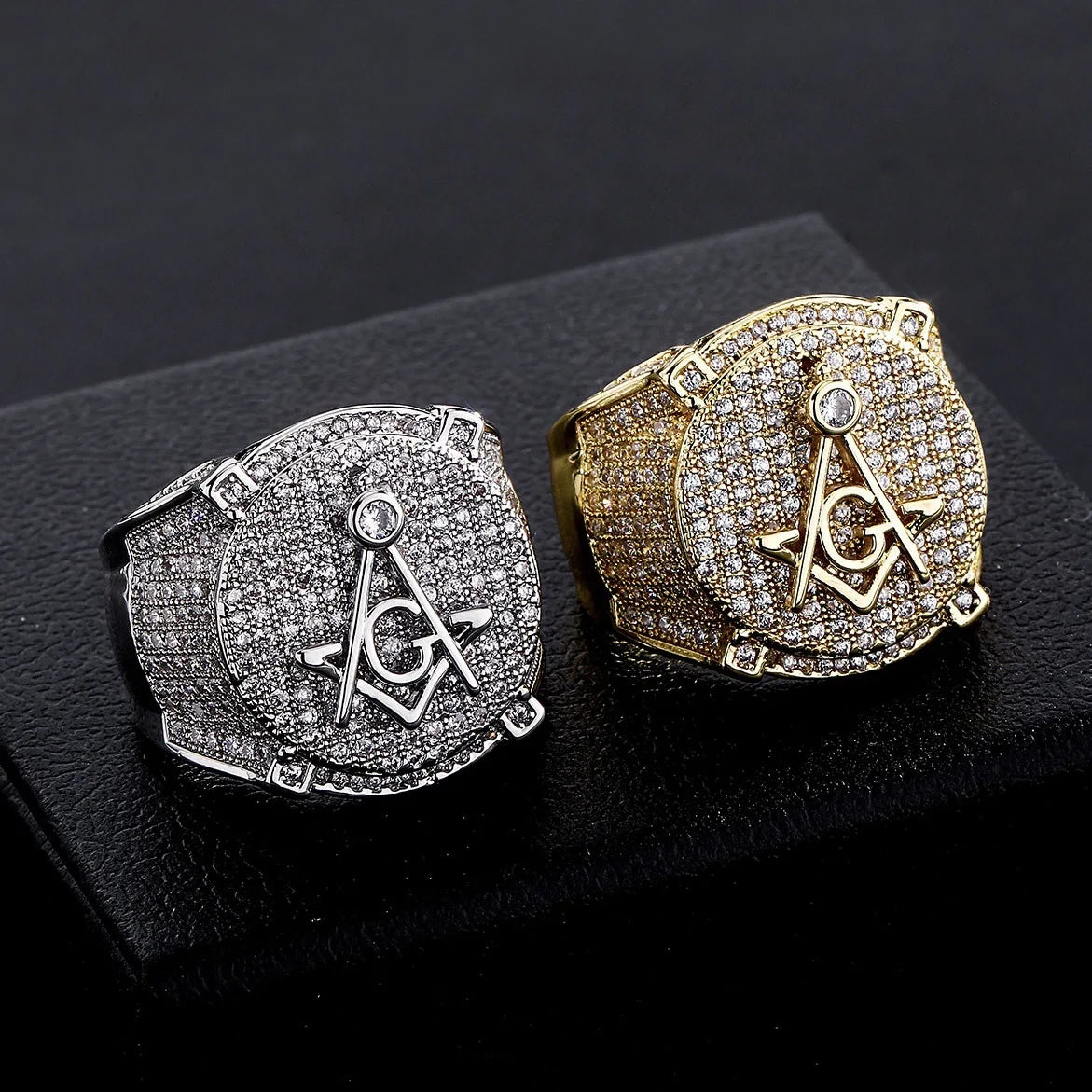 Hip Hop Punk Luxury Mens Gold Plated Iced Out Diamond Lodge Freemason AG Masonic Zircon Ring for Engagement Party or Gift