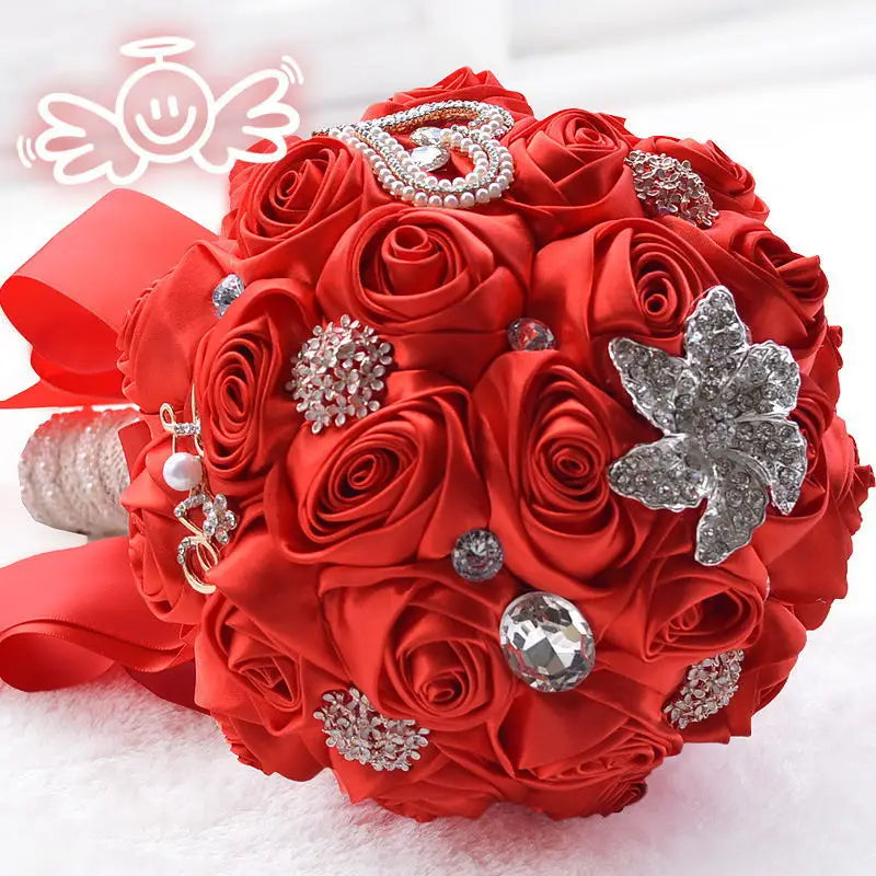 Bridal Bouquet for Bride Bridesmaid Artificial Flowers Satin Ribbon Roses Pearls Crystals Jewelry Wedding Bouquets