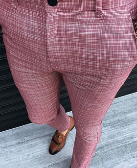 High Quality Men's Casual Slim Trousers Custom Fashion New Plaid Spots Mid Waist