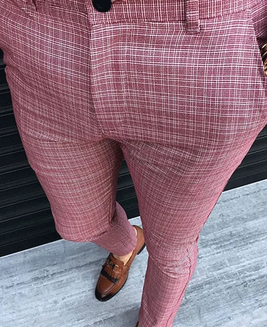 High Quality Men's Casual Slim Trousers Custom Fashion New Plaid Spots Mid Waist