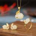 S925 Hetian Jade Jewelry Cute Rabbit Earrings Animal Bracelet Necklace Ring Jewelry Set for Women