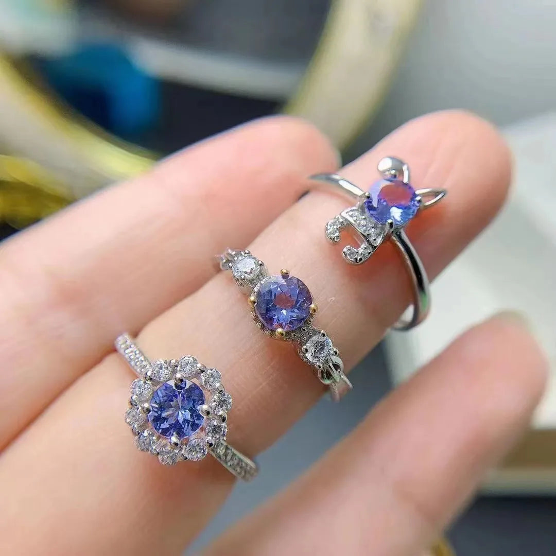 Hot Selling Custom 925 Silver Gold Plated Prong Set Adjustable Mini Natural Tanzanite Ring Classic Style for Couples for Wedding