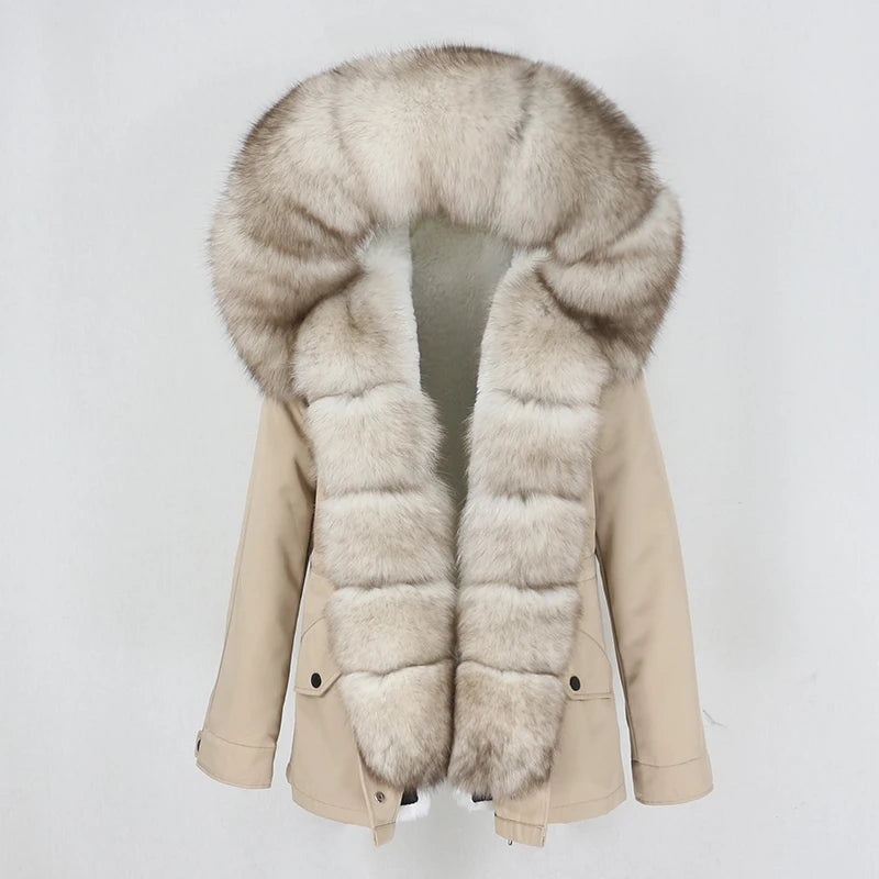 OFTBUY 2023 Waterproof Short Parka Winter Jacket Women Real Natural Fox Fur Collar Hood Coat Streetwear Detachable 3 in 1