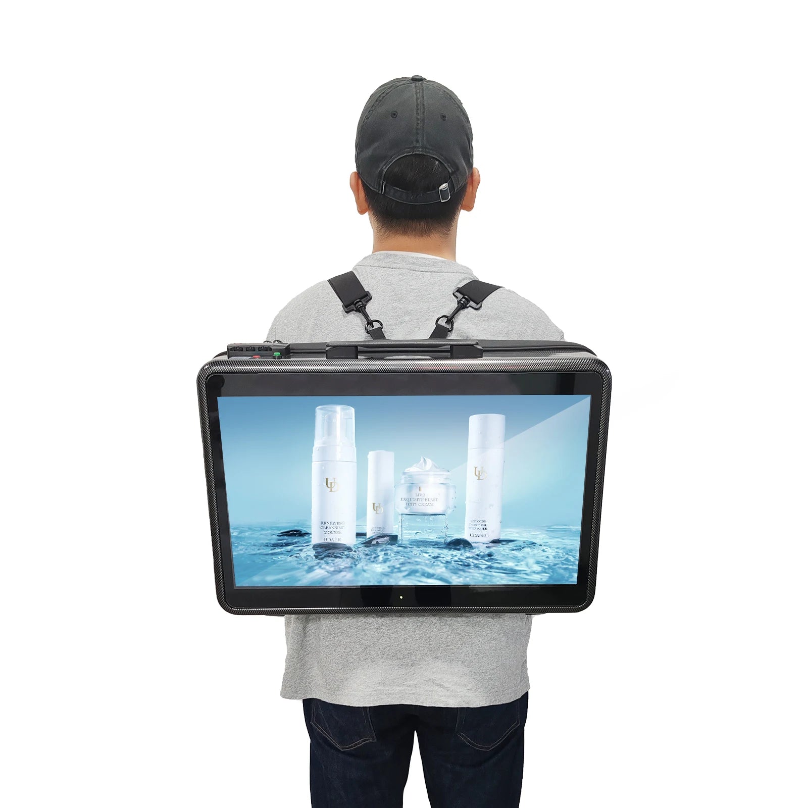 21.5 Inch LCD Backpack Billboard Digital Signage 1920x1080 Resolution IP65 Weatherproof Human Walking Advertising Android TV