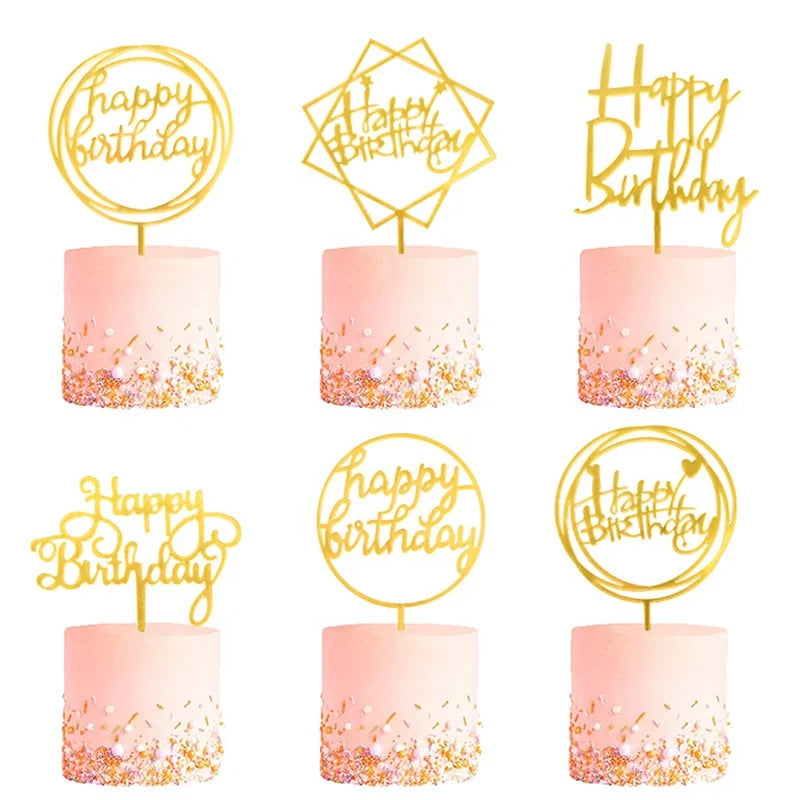 Beautiful Many Gold Style Acrylic Cake Topper Geometry Round Letter Cake Toppers Happy Birthday Wedding Party Cupcake Toppers